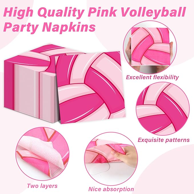96Pcs Pink Volleyball Party Supplies - Sport Paper Plates, Napkins, Theme Decorations, Dinnerware Favor for Birthday, Baby Shower Tableware - Serves 24