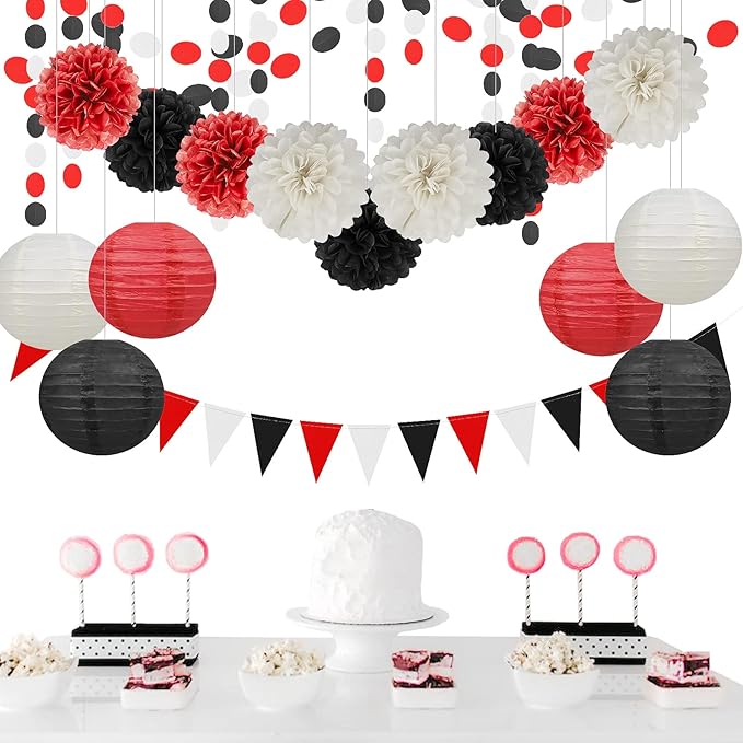 White Red Black Party Decorations - 52FT Paper Garland Streamers Decoration for Birthday Wedding Graduation Bachelorette Hanging Decor HongTongTong