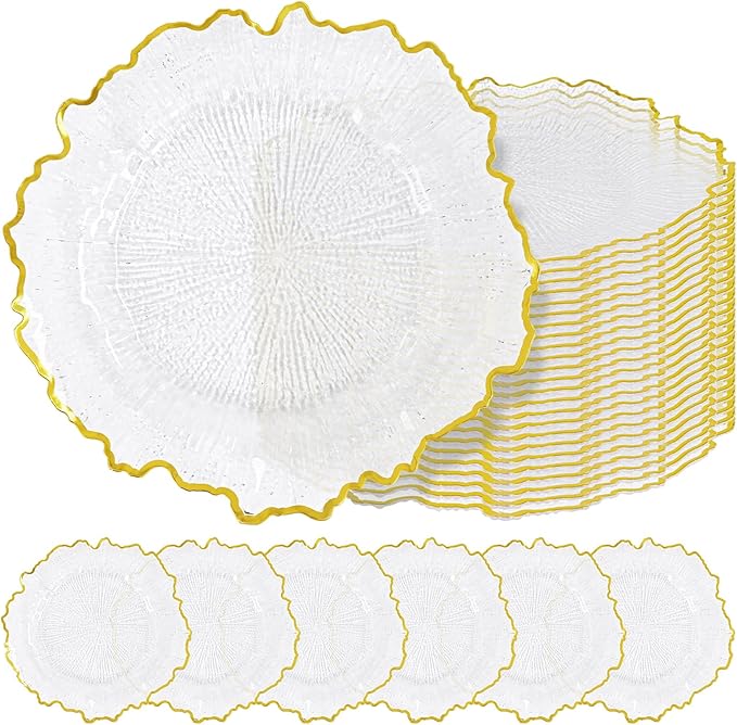24 Pcs Clear Charger Plates Bulk 13 Inch Plastic Charger Plates for Dinner Plate, Clear with Gold Rim Chargers for Table Setting, Reef Design Plate Floral Decor Round Chargers for Wedding Party Event