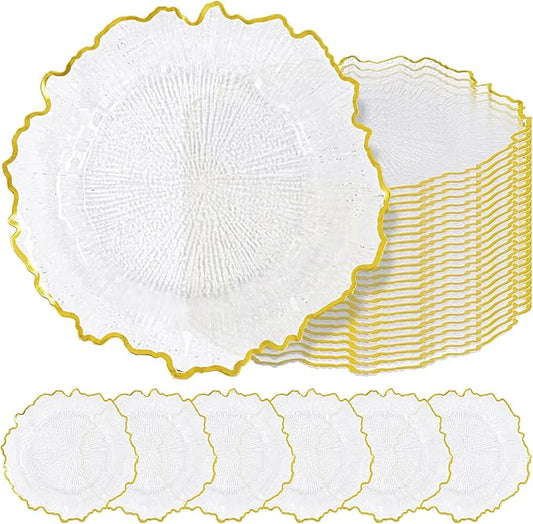 24 Pcs Clear Charger Plates Bulk 13 Inch Plastic Charger Plates for Dinner Plate, Clear with Gold Rim Chargers for Table Setting, Reef Design Plate Floral Decor Round Chargers for Wedding Party Event