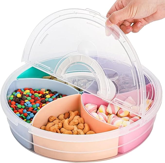 Snack Box Container – 5 Compartment Divided Serving Tray with Lid & Handle for Dry Fruits, Sweets, Nuts, Snacks & More – Portable Food Storage Organizer