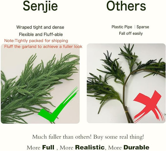 Senjie Christmas Garland Norfolk Pine Garland Real Touch Artificial Greenery Garland for Mantle Fireplace Table Indoor Outdoor Holiday Decortions 6FT 2PCS