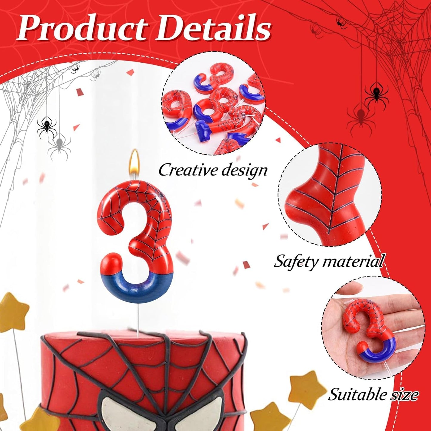 Spider Themed Birthday Candles Number 3 Candle Birthday Cake Candle Party Decoration Cake Topper for Spider Party Decoration Theme Party Supplies (Number 3)