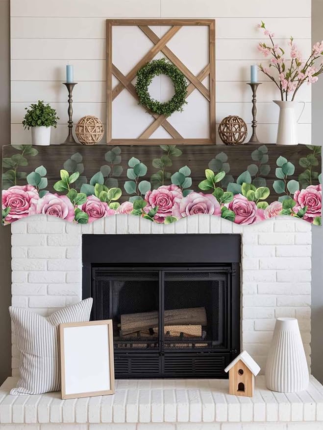 Spring Pink Roses Fireplace Mantel Scarf Table Runner, Pastoral Eucalyptus Leaves Brown Wooden Winter Garland Mantel Top Tablerunners Dresser Scarves Cover for Windows Party Living Room 60''x17''