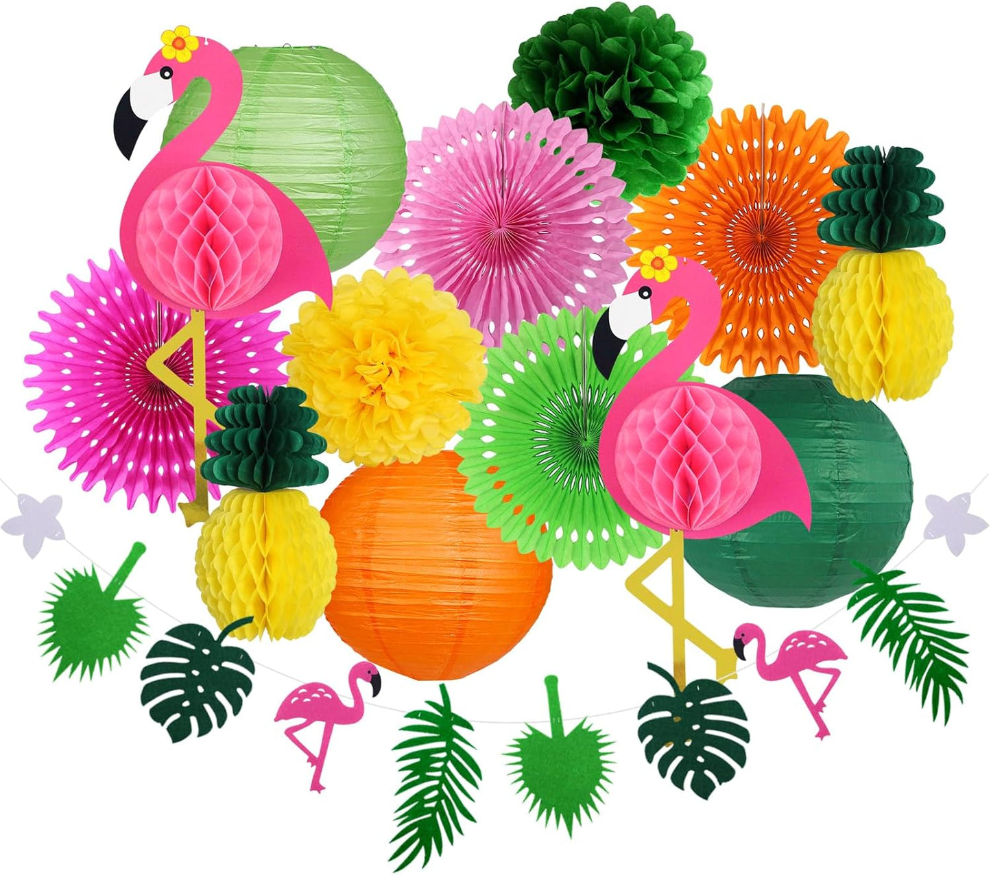 Yuxiou Flamingo Party Decorations Hawaiian Garland Flamingo and Pineapple Honeycomb Decorations Paper Lanterns Fans Pom poms Flowers for Birthday Luau Tropical Bachelorette Party