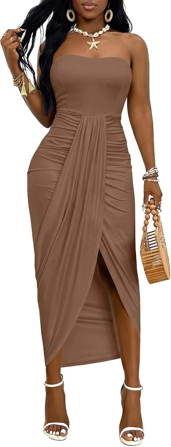 Umenlele Women's Strapless Ruched High Waist Wrap Split Asymmetrical Beach Maxi Long Dress