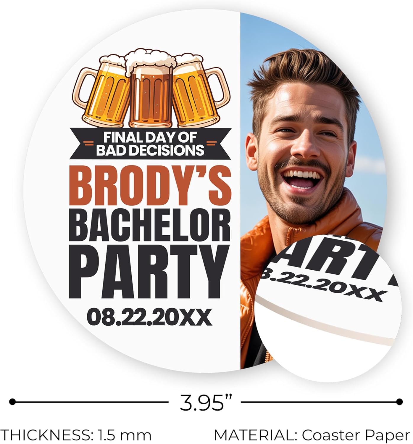 60 Pack Personalized Bachelor Party Coasters, Custom Cardboard Drink Coasters with Photo Print and Text, Fun Bachelor Party Favors and Gifts, 3.95" Round, Design 2