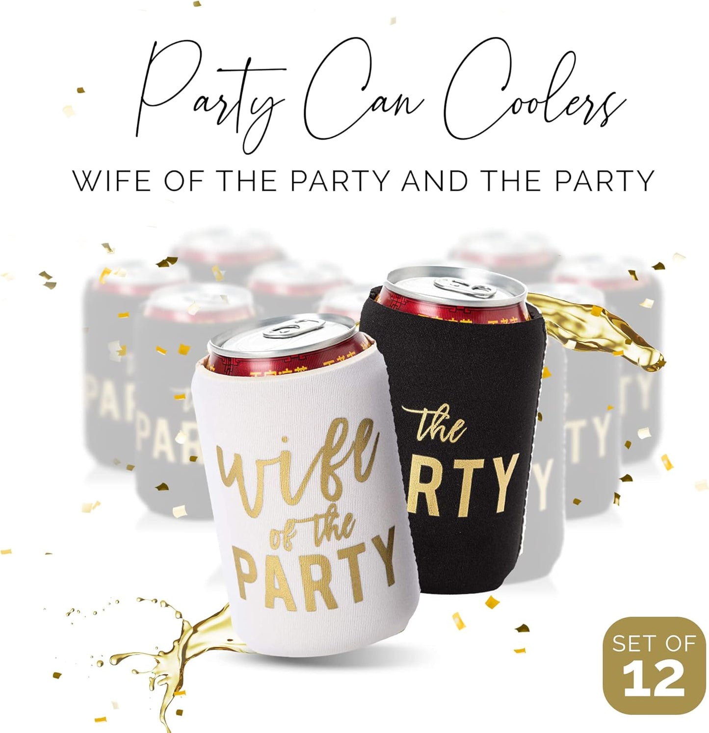 Wife of the Party and The Party Bachelorette Can Coolers - Set of 12, Perfect for Decorations and Bridesmaid Gifts (Black, Regular)
