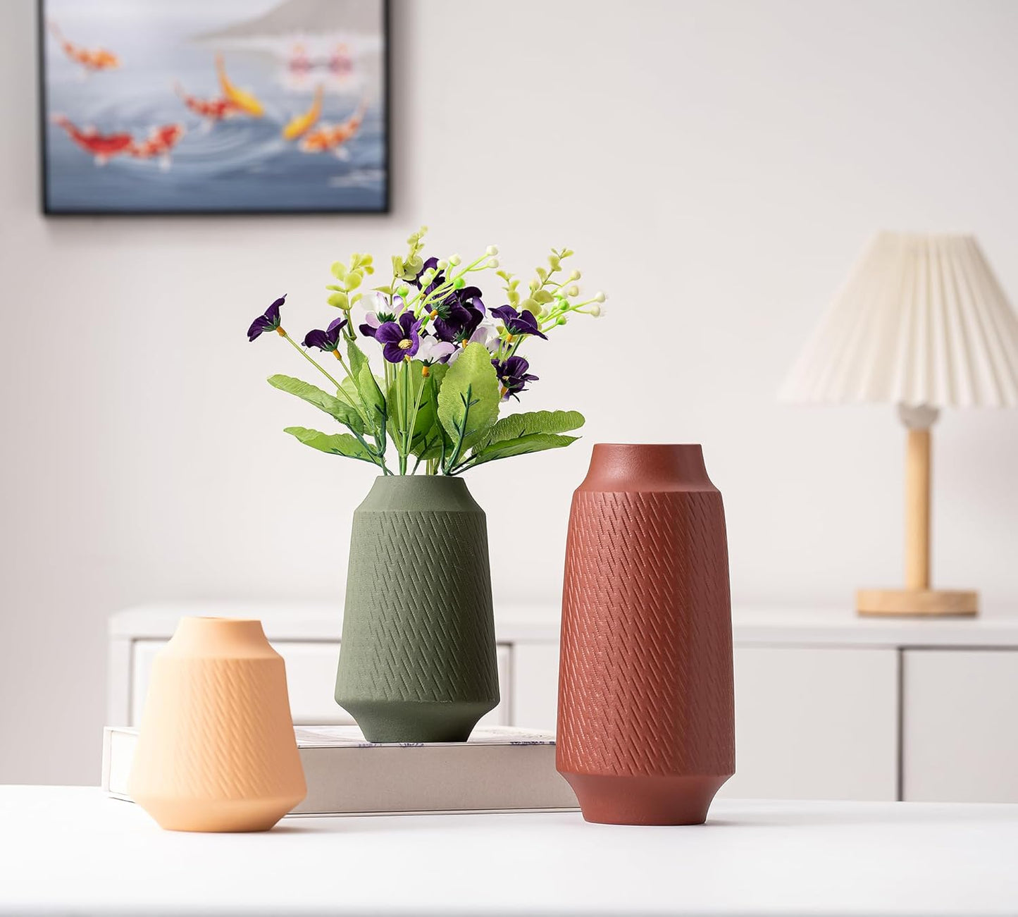 Ceramic Vase Set of 3, Wide Mouth Small Flower 9” Tall Vase Modern for Christmas Home Decor Table Centerpiece Farmhouse Decorative Colorful