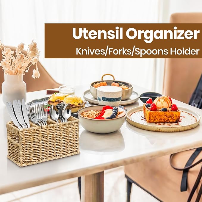 Wicker Utensil Holder, Woven Rattan Silverware Caddy for Party, Countertop Cutlery Storage Box, Knife Fork Spoon Holder, Cabinet Tabletop Silverware Organizer (M, Beige)