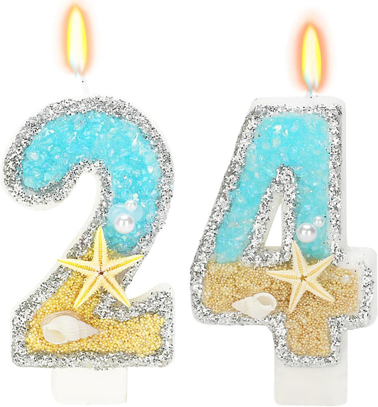 Birthday Candle for Cake, Beach Starfish Sequins Candles, 2.76 inch Cake Topper Decoration for Birthday Party (Number 24)