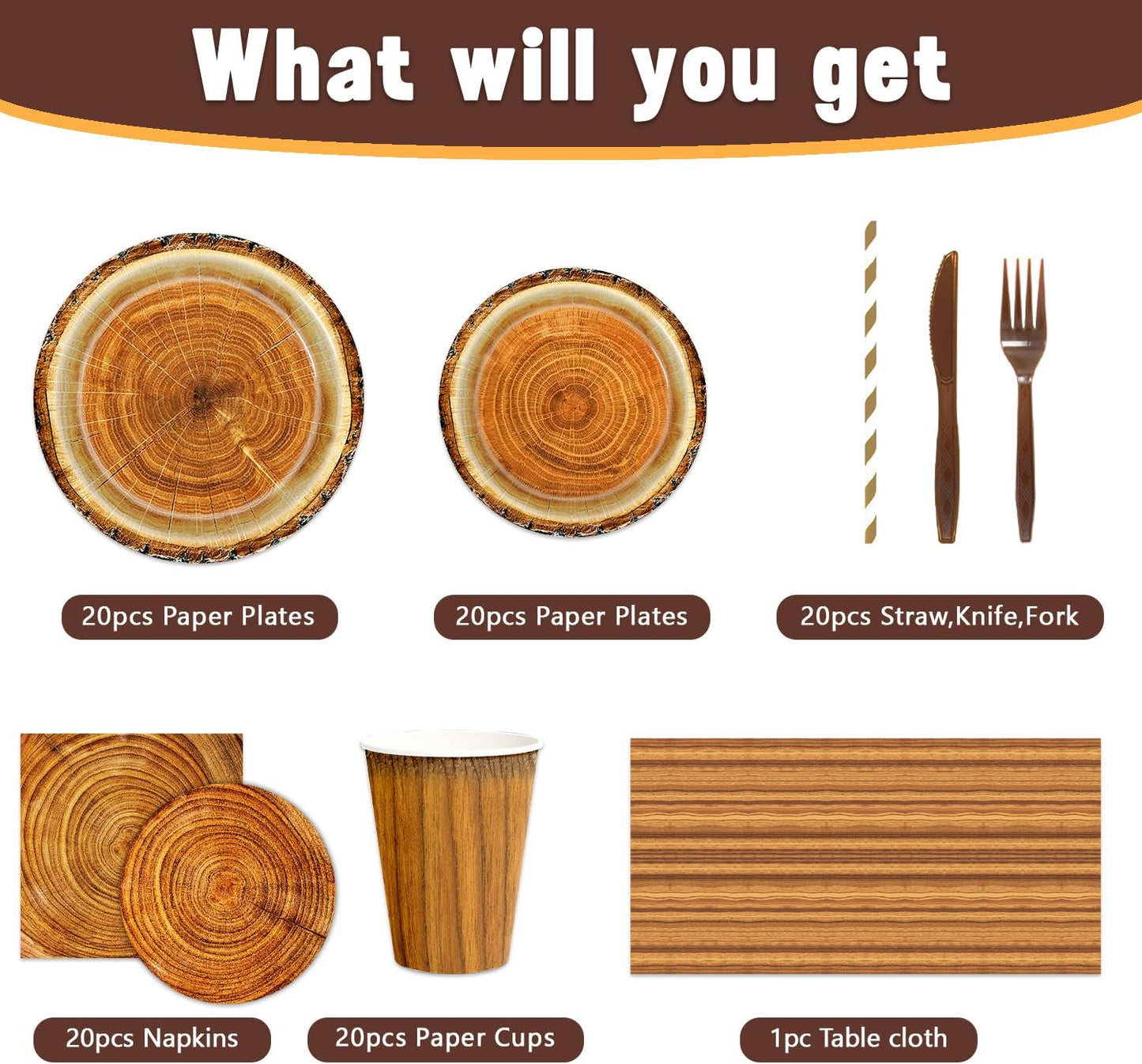 141pcs Camping Wood Grain Slice Party Decorations,Party setIncludes Dinner Plate Dessert Plate Paper Napkin Cup Knife Fork Straws Tablecloth Fire Camping Woodland Animal Lumberjack Supplies set