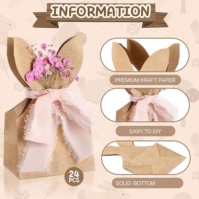 12 Set Boho Bow Easter Bunny Party Favor Bags, DIY Bunny Gift Boxes with Boho Neutral Bow Ribbon and Dried Flowers,Rustic Kraft Paper Rabbit Ears Treat Boxes Goodie Bags for Spring Holiday Decor(C)