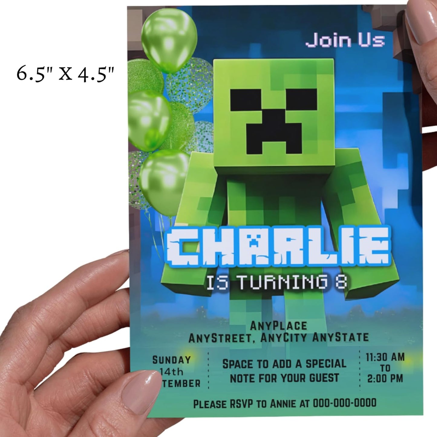 Fully Customizable minecraft Birthday Party Invitations, 4 x 6 inches, with Self-Sealing Envelopes, Gaming Theme Design, minecraft Birthday Invitations for Boys and Girls (Minecraft/CreeperBlue)
