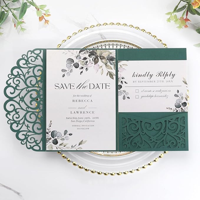AdasBridal 50PCS Green Wedding Invitations with Envelopes and Rsvp Cards Laser Cut Invitations 4.9x7.1 Customized Invitation Cards Pearl Paper Inserts for Wedding Quinceanera Bridal Shower Party