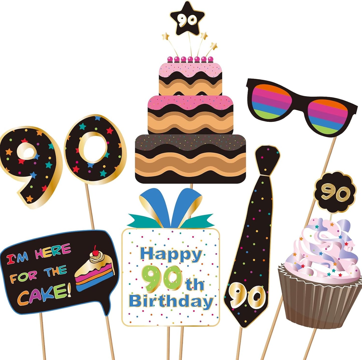 BRT Bearingshui 90th Birthday Party Photo Booth Props Accessories, 90th Happy Birthday Party Decorations Supplies Favors
