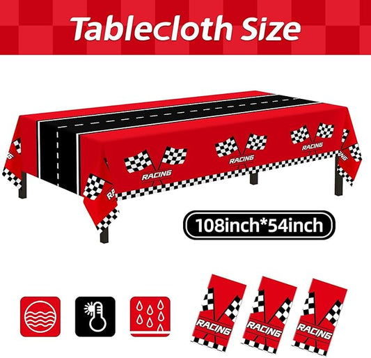 Childom 3Pcs Racing Car Plastic Tablecloth, Race Birthday Party Decorations, 54'' x 108'' Checkered Table Cloth Decor, Favors Rectangular Tablecloth for Boys Baby Shower Home