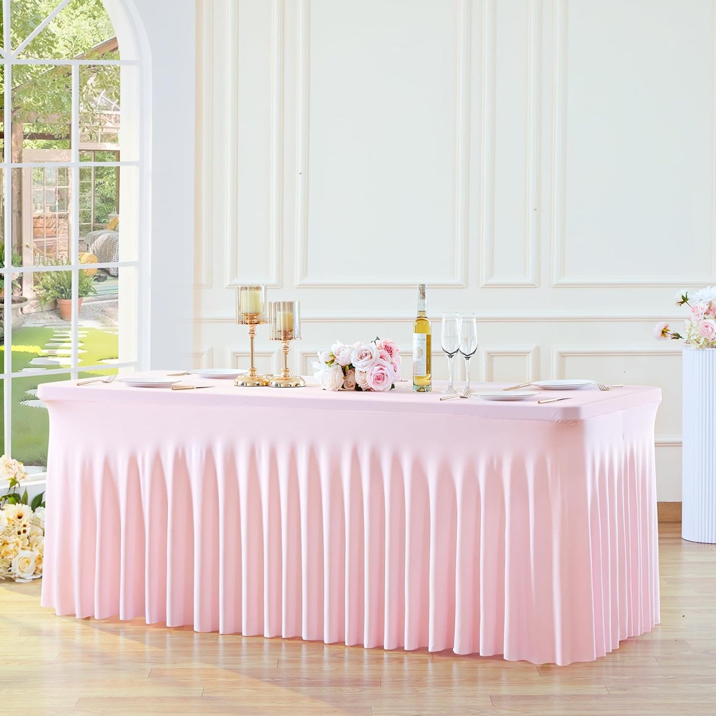 2 Pack Spandex Pink Fitted Table Cloth for 6ft Rectangle Tables Pink Stretch Tablecloth Table Covers Skirt Banquet Tablecloths Wrinkle Free Tablecloth for Parties Wedding
