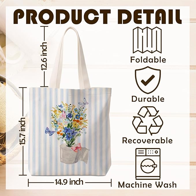 Blue Preppy Floral Aesthetic Tote Bag for Women,Printed Canvas Tote Bag for Girls,Blue Striped Watercolour Aesthetic Reusable Shopping Grocery Bags Party Favors