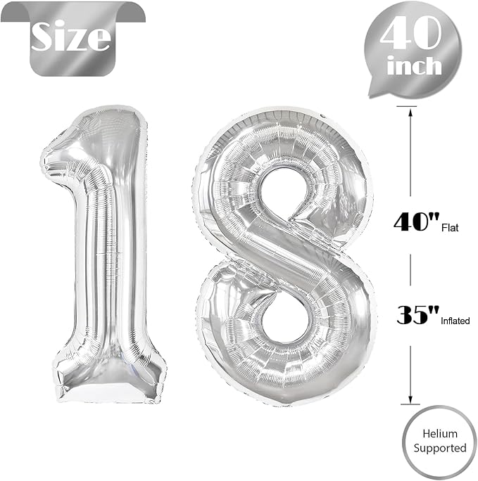 Silver Number 18 Balloon 40 inch, 18 Number Balloons, 18th Silver Birthday Decorations for Girls Boys Kids, 18 Year Old Silver Party Supplies