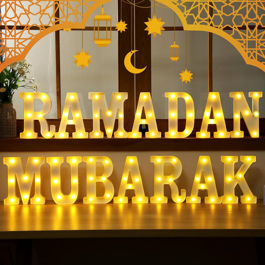 Sukkot Large LED Letter Sign LED Lights Battery Powered Table Decoration for Party Gift Tabletop Decoration(Ramadan Mubarak)