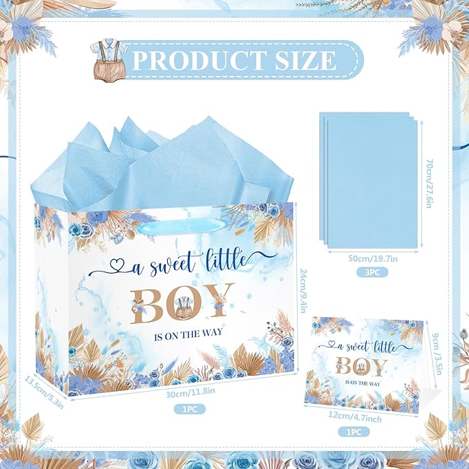 Baby Shower Paper Bag, Blue Floral Sweet Baby Boy Gift Bag with Tissue Paper and Card Boho Dried Flowers Wrap Bag with Handle for Baby Shower Birthday Gender Reveal Party Favors Decorations Supplies
