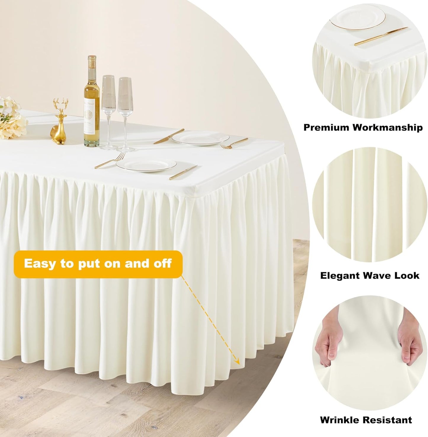 Cream White Polyester Table Clothes for 8 Foot Rectangle Tables, Wrinkle Free Fitted Table Cover with Pleated Ruffle Table Skirt for Birthday Party Wedding Trade Show Event Display