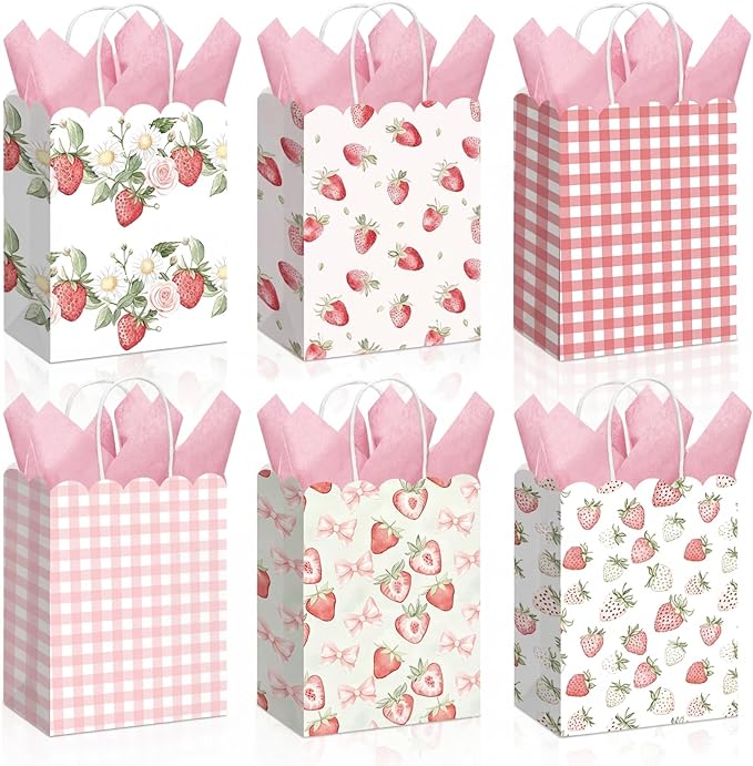 Kolldenn 24 Pcs Strawberry Party Gift Bags with Handles Paper Treat Goodie Bags Scalloped for Birthday Decoration for Bridal Baby Shower Tea Party Supplies