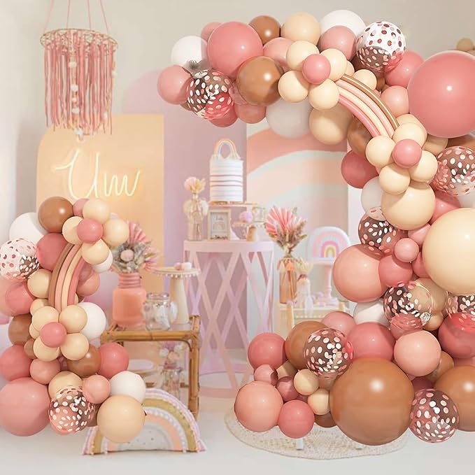 Amandir 154 Pcs Boho Balloon Arch Garland Kit, Retro Dusty Rose Pink Blush Brown Nude Balloons for Boho Theme Birthday Baby Shower Wedding Party Decorations Supplies
