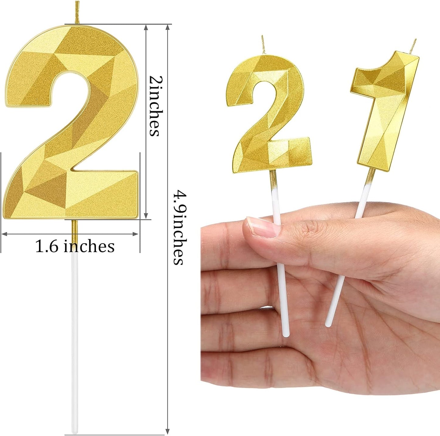 Nuanchu 21st &12th Number Birthday Candles 3D Diamond Shape Numeral Candles Happy Birthday 21 Cake Topper for Wedding Decoration Theme Party Anniversary, 2 Inch (Gold)