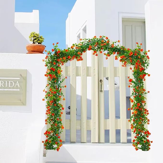 Faux Eucalyptus Garland Plant Fake Vines, Artificial Hanging Eucalyptus Leaves Greenery Vines Arch Kit Flower Green Garlands for Decoration for Wedding Backdrop Wall Party Home Indoor Outdoor(Orange)