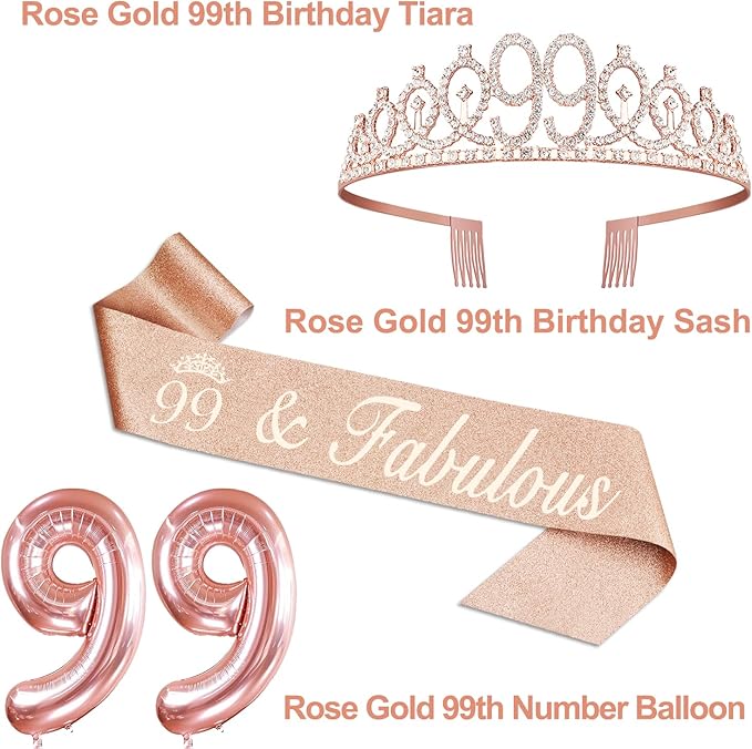 99th Birthday Decorations for Women with 99th Birthday Sash and Tiara, Cake Topper and Candles, Number Balloons, 99 Year Old Gifts for Women