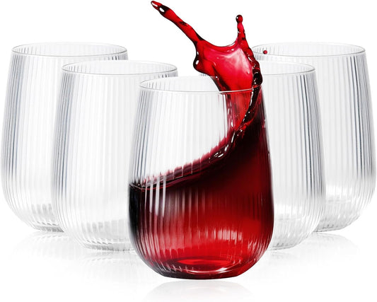 36 Pack Plastic Ribbed Wine Glasses, 15Oz Origami Disposable Wine Glasses Unbreakable Clear Plastic Cocktail Glasses Recyclable Shatterproof Reusable Wine Cups