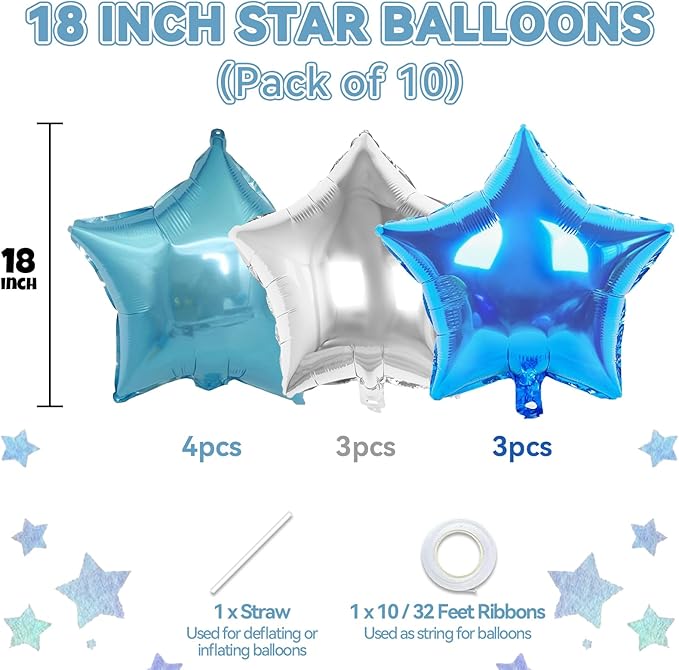Blue Silver Star Foil Balloons, 10PCS Blue and Silver Foil Stars Shape Balloons, 18 Inch Metallic Stars Balloon for Helium Pentagram Balloon for Boys Men Birthday, Anniversary Party Decorations