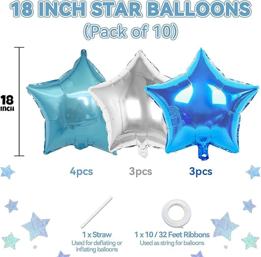 Blue Silver Star Foil Balloons, 10PCS Blue and Silver Foil Stars Shape Balloons, 18 Inch Metallic Stars Balloon for Helium Pentagram Balloon for Boys Men Birthday, Anniversary Party Decorations