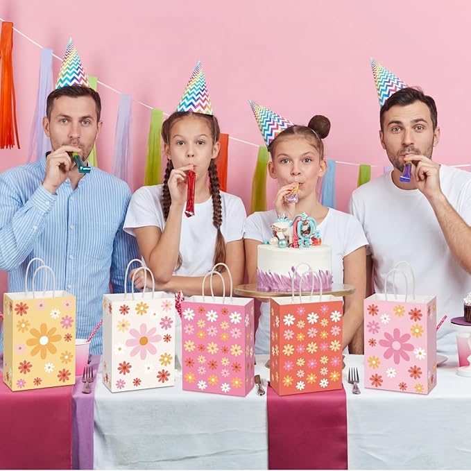 Glenmal 24 Pcs Spring Daisy Gift Bags Bulk Boho Party Favors, Spring Daisy Flower Goodie Bag with Handles for Wedding Birthday Party Decorations Supplies, 6 Styles