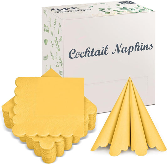 100 Pack Cocktail Napkins, 3-Ply Scalloped Edged Wedding Napkins Folded 5 x 5 Inches Dessert Napkins, Disposable Napkins for Dinner Birthday Party Bridal Anniversary Baby Shower Reception (Yellow)