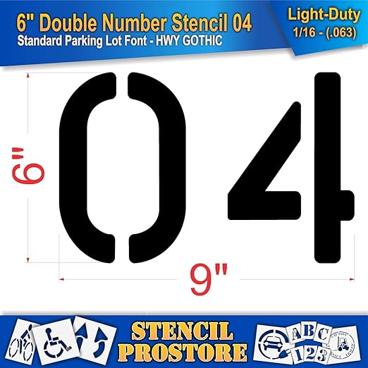 Pavement, Curb, and WheelStop Stencils - 6 inch Double Number Stencil - (04) - 6" x 9" x 1/16" (63 mil) - Light-Duty