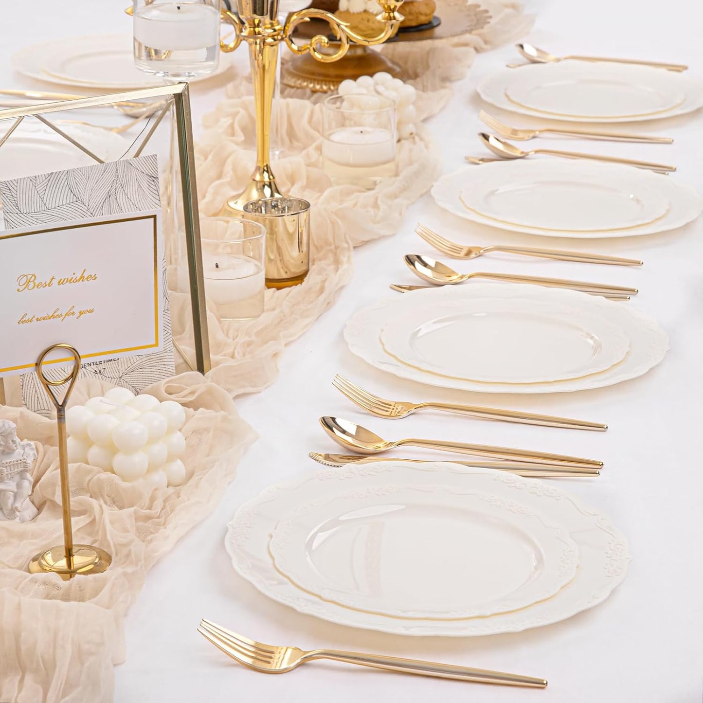 U-QE 100 Pieces Ivory Thanksgiving Plastic Plates for Party - Ivory Disposable Plastic Plates - Heavy Duty Disposable Platos Including 50 Dinner 10 '' & 50 Dessert 7.5 '' for Thanksgiving