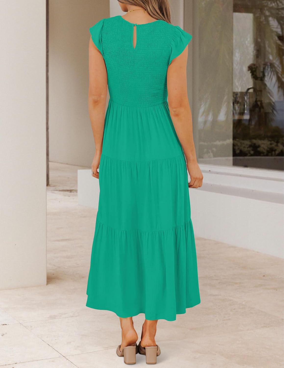 ZESICA Women's 2025 Summer Casual Flutter Short Sleeve Crew Neck Smocked Elastic Waist Tiered Midi Dress