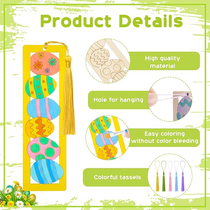 Yexiya 100 Pcs/50 Set Easter Wooden Bookmarks DIY Craft Kit, Bunny Egg Flower Bookmark Art Set for Book Lovers, Easter Birthday Party Holiday Gifts Art Project