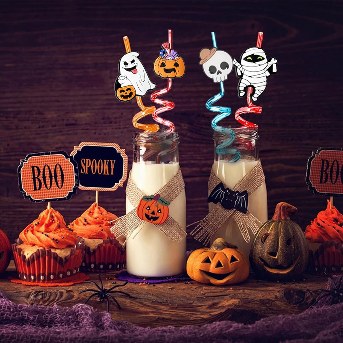30Pcs Halloween Drinking Straws Reusable Party Favors Pumpkin Skull Ghost Witch Theme Drinking Straws with Cartoon Decoration for Kids Halloween Party Supplies, 15 Styles