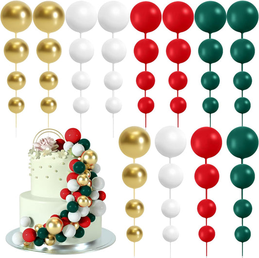 48 Pcs Balls Cake Topper Decorations Balloon Cupcake Toppers Foam Cake Topper Balls Cake Balls Decorations for Christmas Birthday Party Wedding Cake Decorating(Green,Red,White,Gold)