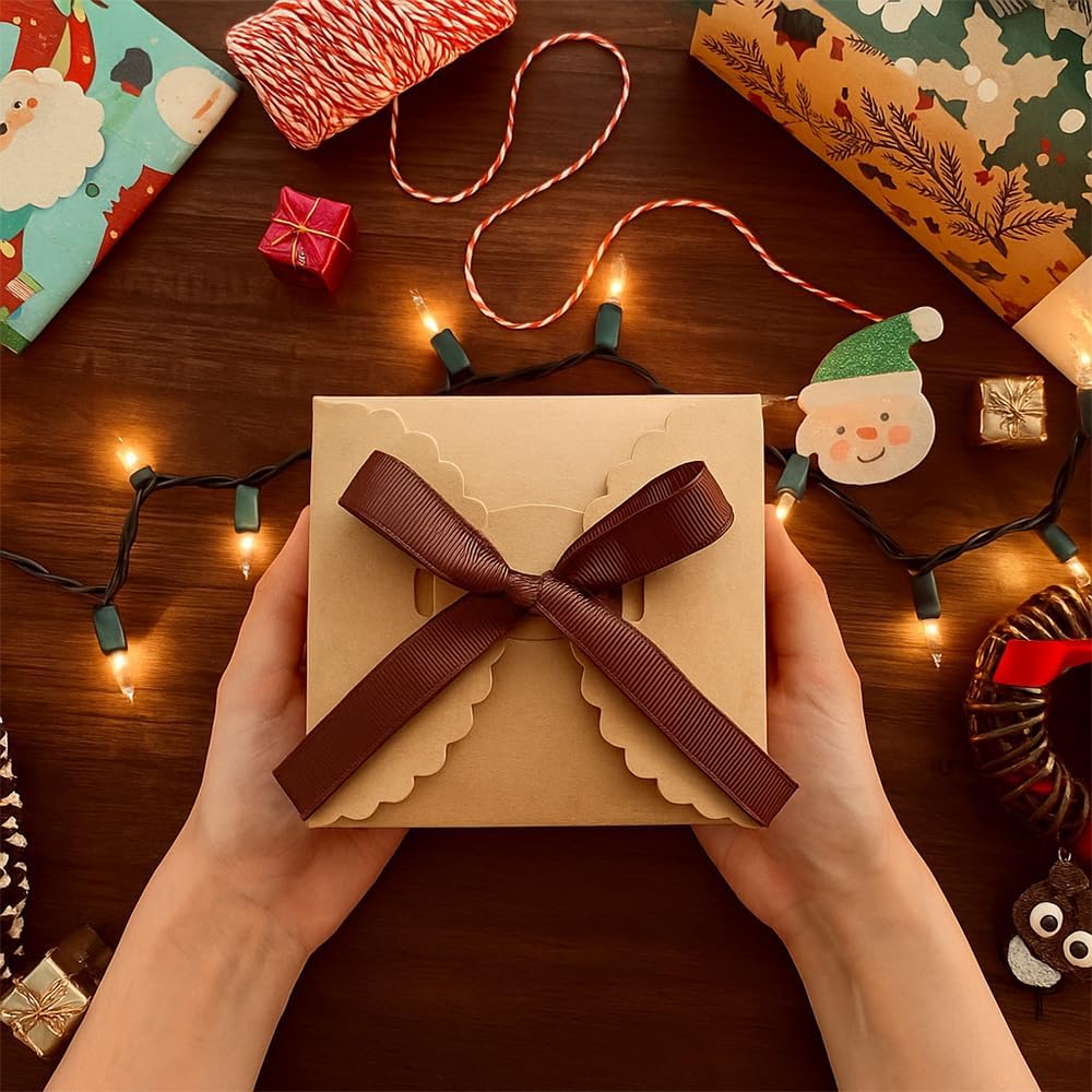 Brown Gift Boxes with Ribbon – 4x4x4" Foldable Paper Boxes with Lids, Set of 10, Eco-Friendly Small Kraft Present Boxes for Weddings, Holidays, Birthdays, Business Packaging