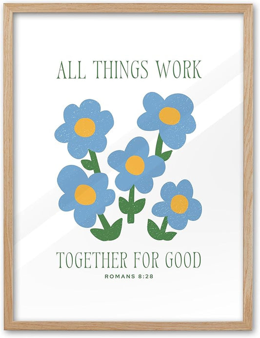 EcoHest OAK Wood God Framed Wall Art, 12x16in Romans 8:28 All Things Work Bible Verse Christian Wall Art, Modern Blue Flower Bedroom Decor For Living Room Bathroom Christian Merch Gift 1Pack