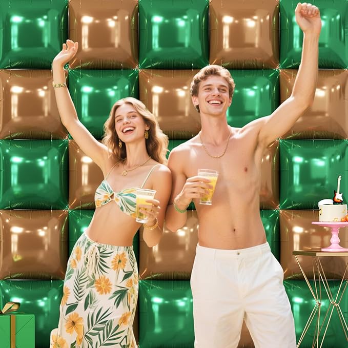 NISOCY 25PCS Dark Green and Brown Square Foll Baloons Wall Backdrop Double Sided Dark Green and Brown Balloons Arch Kit for Anniversary Birthday Thanksgiving Christmas Jungle Party Decorations