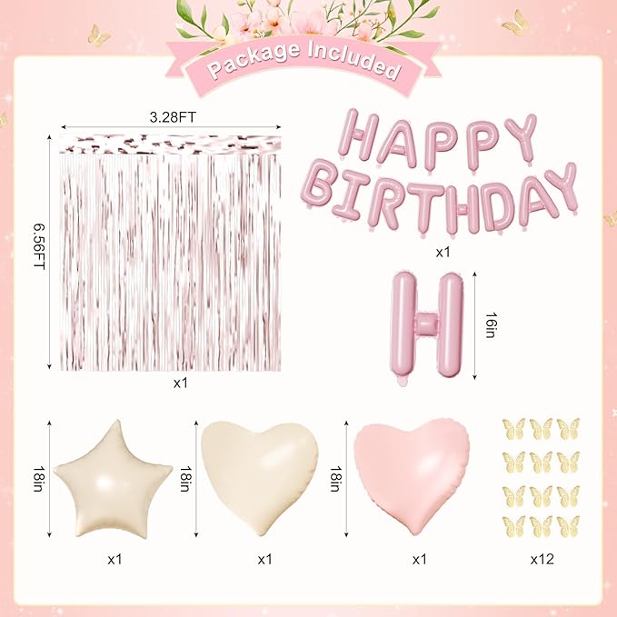 Dusty Pink and Gold Birthday Decorations for Women Girls, Dusty Pink Blush Rose Gold Sand White Gold Foil Confetti Balloons Happy birthday Banner Gold Butterfly Fringe Curtains Birthday Decorations