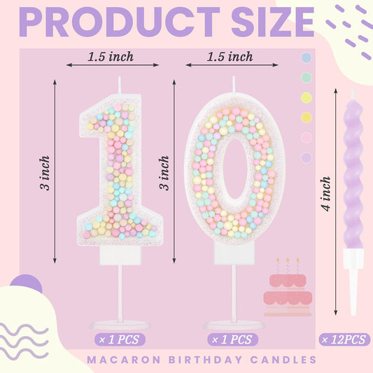 MTLEE Number 10 Birthday Candle with 12 Pcs Spiral Candles for Girls Macaron Pastel Rainbow Unicorn Pink Cake Topper for Sweet Theme Party Decoration