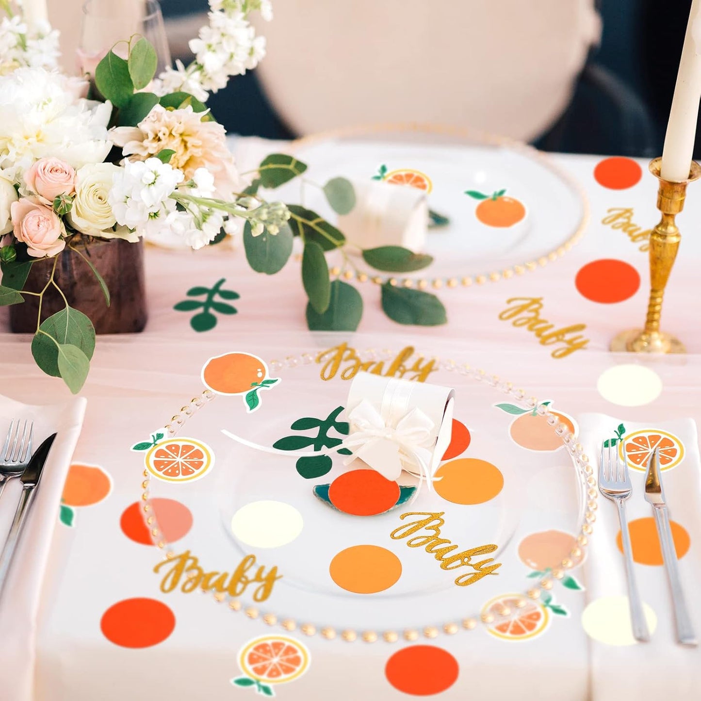 400 Pcs Little Cutie Baby Shower Confetti Citrus Decoration Orange Baby Shower Confetti with Eucalyptus and Orange Tangerine Table Scatter for Gender Reveal Decor