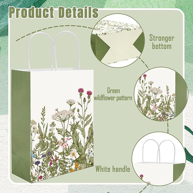 36Pcs Sage Green Wildflower Paper Gift Bags Vintage Wild Floral Party Favor Bags with Handles Decorative Goodie Candy Treat Bags for Spring Wedding Baby Shower Birthday Party Supplies